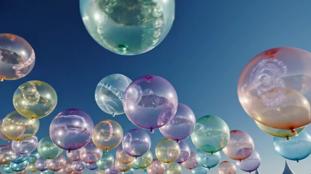 Shimmering Pastel Balloons Against Blue Sky - A collection of transparent balloons with glass-like reflections floats against a clear blue sky.