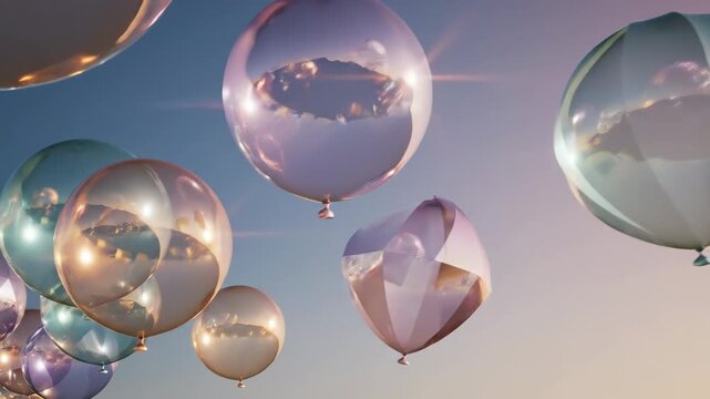 Shimmering Balloons in the Sky - Transparent balloons with glass-like reflections float against a clear blue sky. The light pastel colors create a dreamy and celebratory aesthetic.
