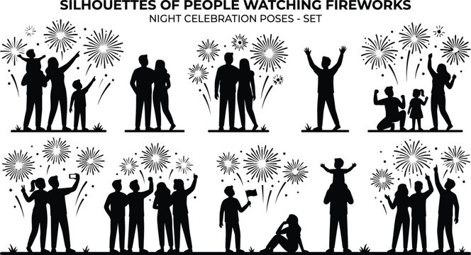 People watching fireworks celebration silhouettes isolated on white background, Vector