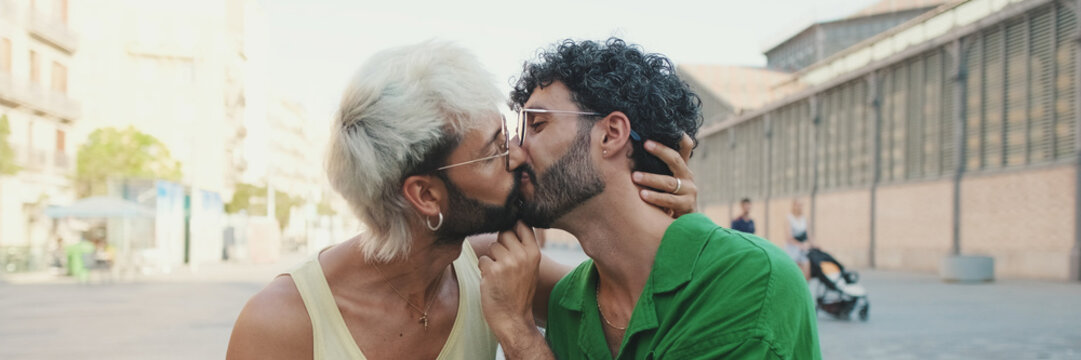 Homosexual couple kissing each other. Panoramic