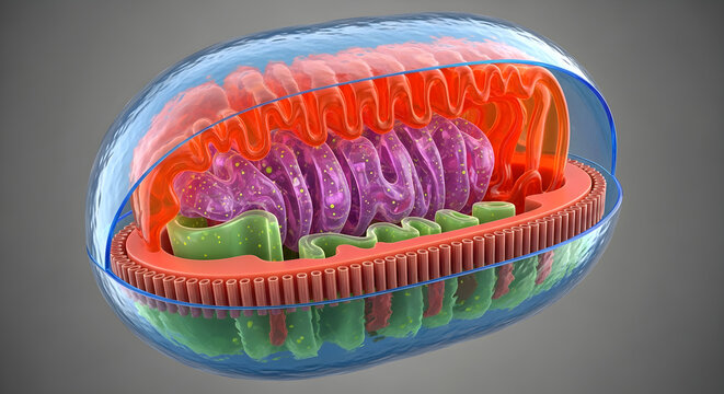 Detailed biological structure of human cell organelle with intricate internal membrane system.