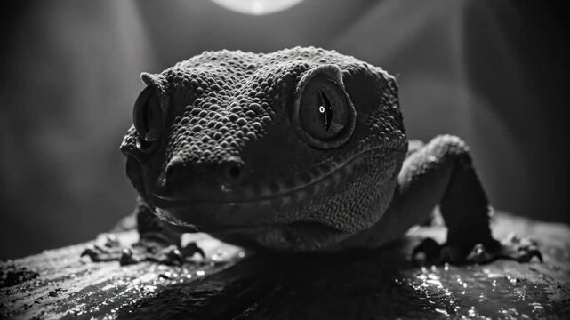 Black and White Close Up of Adorable Gecko Staring Directly into Camera with Intense Focus on Its Eyes