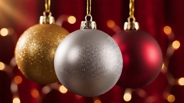 Elegant Christmas Balls on Red - Three elegant Christmas balls hang against a deep red background. The gold, silver, and red ornaments create a luxurious festive composition, and soft lighting