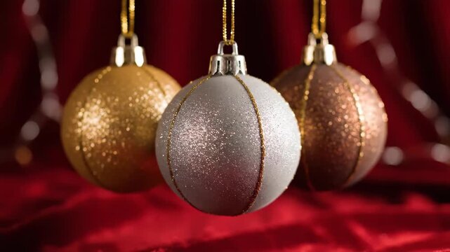 Elegant Christmas Balls on Red Background - Three festive Christmas balls in gold, silver, and copper hang against a deep red background.