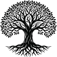 Obraz premium Tree silhouette with leaves and roots on white background