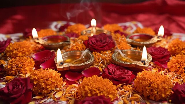 Traditional Oil Lamps and Flower Arrangement - A beautiful arrangement of traditional oil lamps, red roses, and orange marigolds is displayed on a red background.