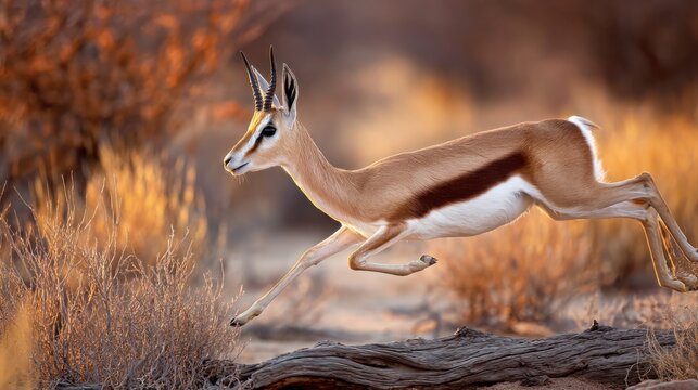 Graceful springbok gazelle leaping powerfully over a fallen log in African savanna during golden hour