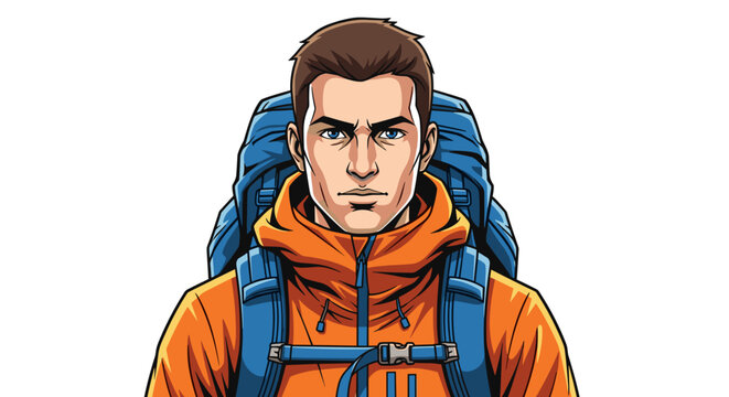 A determined male hiker with a large blue backpack looks directly at the camera with a serious expression.