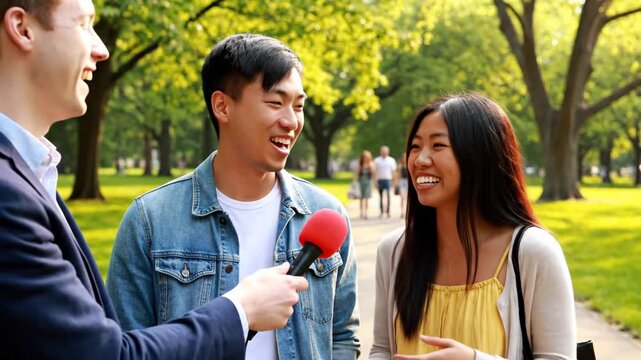 Interview in the Park - A reporter with a red microphone is interviewing a young Asian couple in a sunny park. The man is wearing a denim jacket and the woman is wearing a yellow dress.