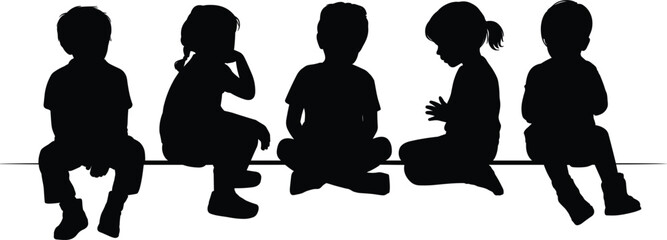 Five children silhouettes sitting together on a white background with their legs crossed and arms folded Keywords: children, kids