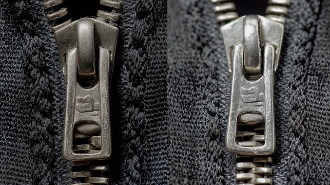 A detailed close-up of a metal zipper on a black fabric, comparing a tarnished, worn zipper on the left with a shiny, new-looking zipper on the right after restoration or replacement.