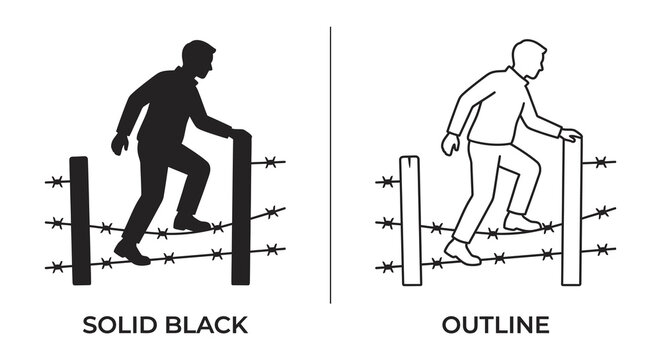 Man climbing over fence with barbed wire silhouette