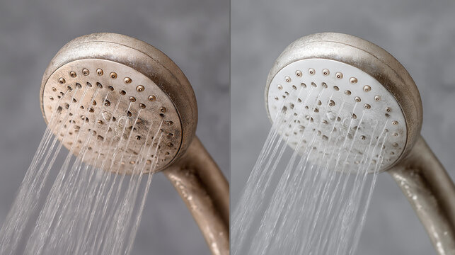 A close-up comparison of a neglected, limescale-covered shower head with dribbling water versus a sparkling clean shower head with a powerful, consistent stream.