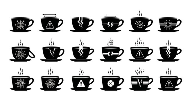 Warning and error coffee cup icons set featuring broken mugs tech glitch symbols and hazard alerts for maintenance interface design and website notifications