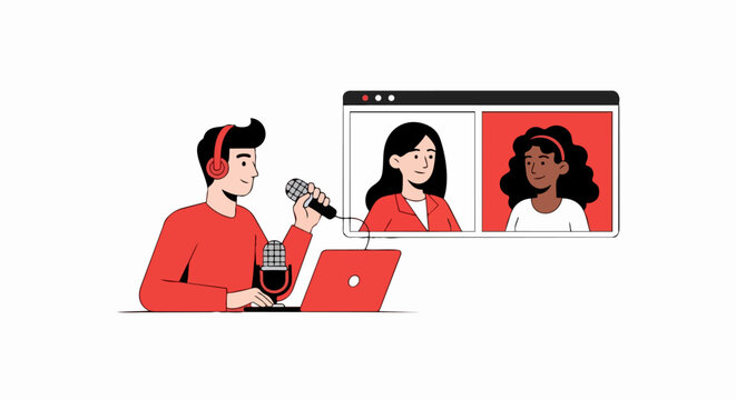 Male Podcast Host Interviewing Two Guests via Remote Video Call Vector Illustration