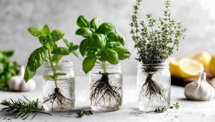 Fresh herbs propagating in water glass jars © tonifrito