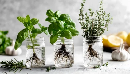 Fresh herbs propagating in water glass jars © tonifrito