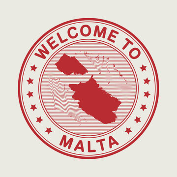 Red welcome to Malta travel stamp with stars and map illustration