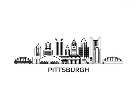 Line art illustration of Pittsburgh city skyline with bridges and buildings