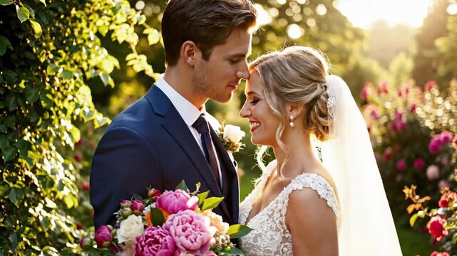 Wedding Day Embrace - A bride and groom are captured in a tender moment, standing close and about to kiss. The bride is holding a vibrant bouquet of flowers, and they are surrounded by lush greenery.