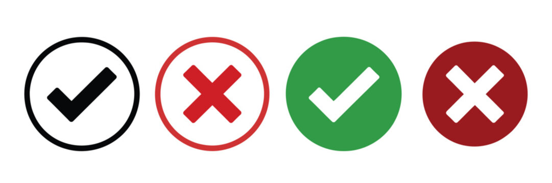 tick and cross icons pack, checkmark right symbol set, accept reject and confirmation signs, modern simple vector illustration collection.

