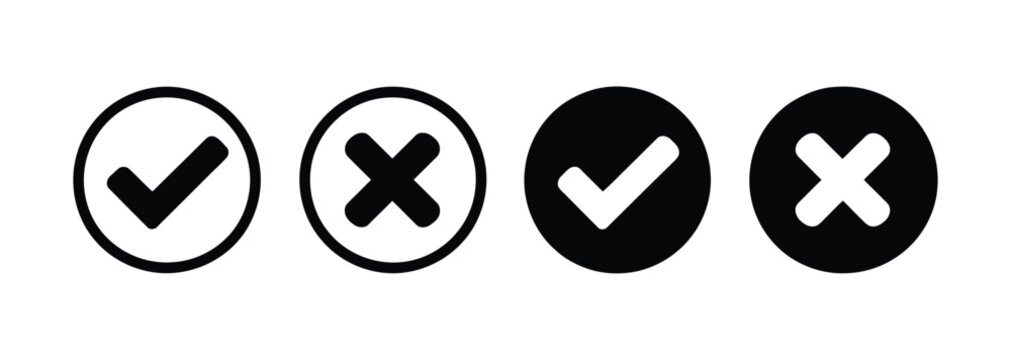 checkmark and cross icon set, right tick symbol collection, approval and cancel signs, verification and rejection icons, clean minimal vector illustration design.