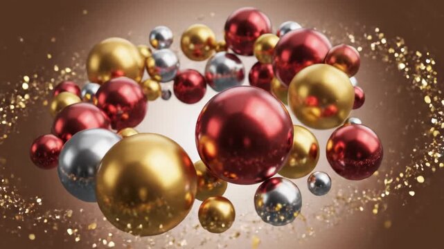 Abstract Glossy Spheres Design - An abstract swirl of glossy spheres in red, gold and silver, with a brown background, evokes a celebratory feel.