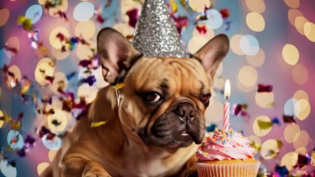 French Bulldog Birthday Celebration - An adorable French bulldog wearing a glittery party hat is about to lick a pastel pink cupcake with a lit candle.