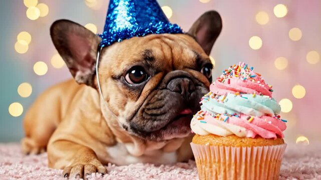 French Bulldog Birthday with Cupcake - An adorable French bulldog wearing a blue birthday hat looks longingly at a pastel cupcake with colorful sprinkles.