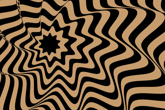 Psychedelic optical illusion background, hypnotic wavy star pattern in black and tan, trippy geometric swirl texture for modern graphic design