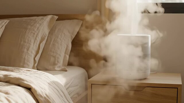 Air Humidifier in Minimalist Bedroom - A white air humidifier is operating on a wooden nightstand next to a bed in a minimalist, light-filled bedroom with beige tones.