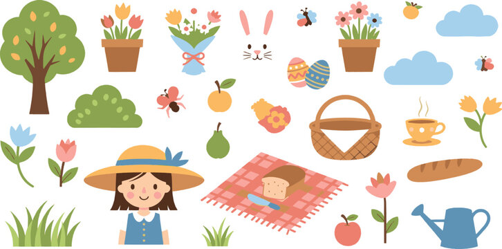 Spring Picnic and Outdoor Garden Celebration Cute Illustration Set