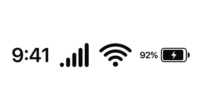 Mobile phone signal wifi and battery icons in black silhouette