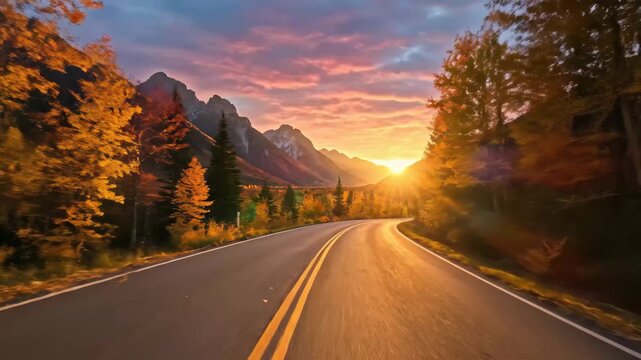Scenic Autumn Road at Sunset - A beautiful asphalt road leads through a vibrant autumn landscape, with colorful trees lining the sides.