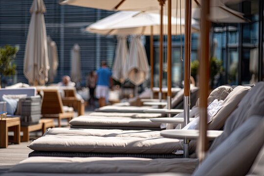 Sunny poolside loungers with umbrellas and distant figures