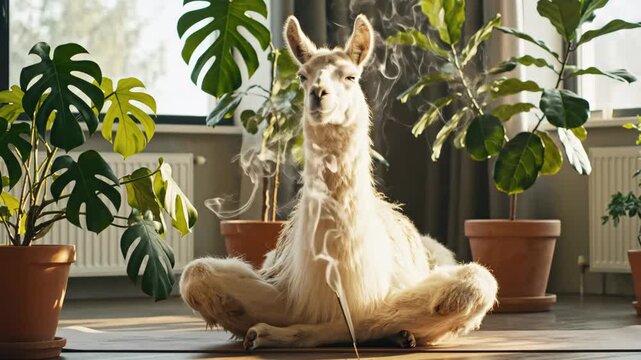 Meditative Llama in Yoga Position - A calm llama sits in a cross-legged yoga position on a mat, surrounded by green potted plants and incense.