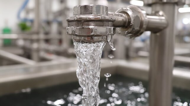 Detailed shot of a chrome water pump impeller showing fluid dynamics and a powerful stream of clear water flowing.