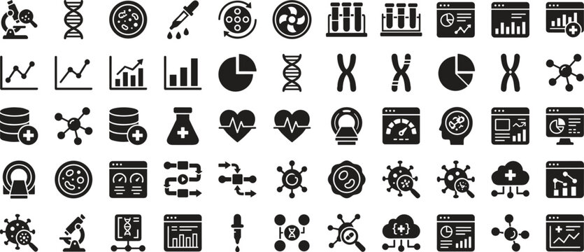 Biotechnology laboratory research glyph icon set with DNA analysis medical science symbols for app interface design