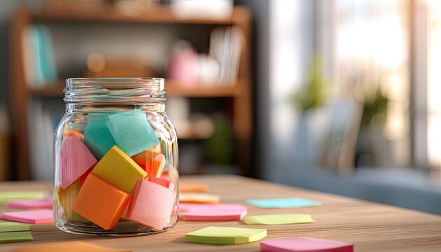 Colorful sticky notes fill a glass jar on a wooden desk, suggesting ideas and organization