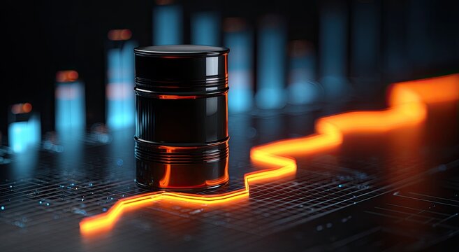 Black oil barrel on a glowing orange trendline with blue bar chart background