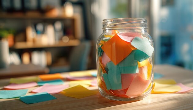 Colorful notes fill a glass jar on a desk, others scattered around