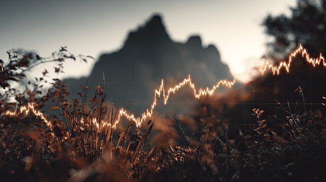 Fiery line graph superimposed on a blurred mountain and foliage scene