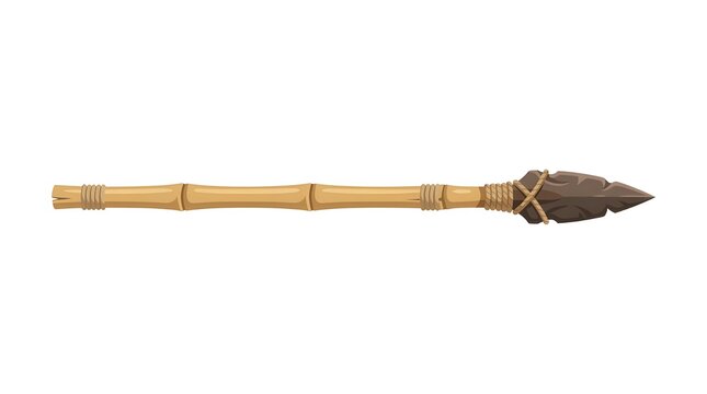 A long bamboo spear featuring a sharp stone tip secured with rope. Authentic primitive weapon illustration for hunting and tribal defense themes