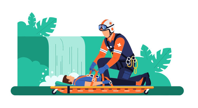 Rescue worker with stretcher and patient near waterfall, emergency medical services