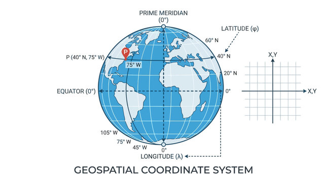 Illustration of Geospatial Coordinate System with Prime Meridian and Equator