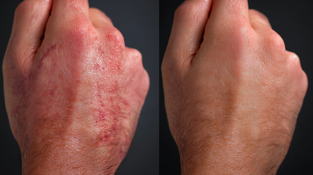 A comparative close-up view of a hand afflicted with a red rash and inflammation on the left, contrasted with the clear, healthy skin achieved through treatment on the right.