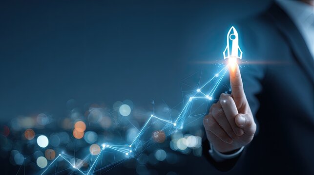 Businessman's finger points to a digital rocket launch over a growing graph