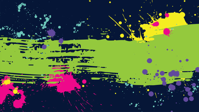 A dark background with a prominent green band in the center, composed of scattered drops of various colors.