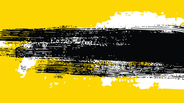 The brushstroke is a black streak in the center with white stains on a yellow background.