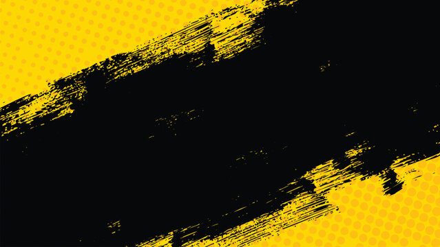 A yellow background with diagonal black brushstrokes and halftone dots.